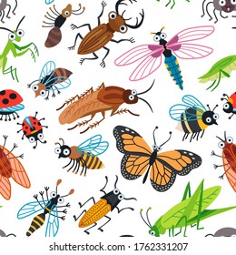 Seamless vector cute beetles pattern for kids. Cute children design template. Bright icons for textile, wrapping paper, greeting cards or posters for kindergarten