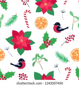 Seamless vector cute bright winter holiday pattern with various hand-drawn Christmas elements on white background. Vector illustration. Happy New Year