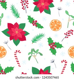 Seamless vector cute bright winter holiday pattern with various hand-drawn Christmas elements on white background. Vector illustration. Happy New Year