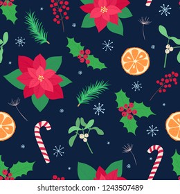Seamless vector cute bright winter festive pattern with various hand-drawn Christmas elements on dark background. Vector illustration. Happy New Year