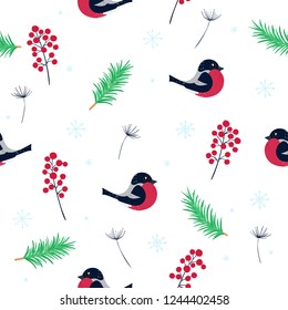 Seamless vector cute bright winter holiday pattern with various hand-drawn Christmas elements on white background. Vector illustration. Happy New Year