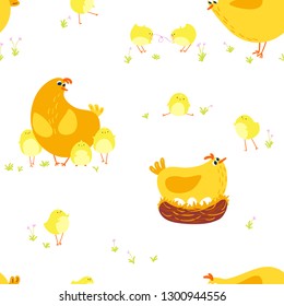 Seamless vector cute cartoon pattern Chicken mother with babies. Farm animals vector illustration