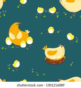 Seamless vector cute cartoon pattern Chicken mother with babies. Farm animals vector illustration