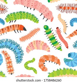 Seamless vector cute caterpillars pattern for kids. Cute children design template. Bright icons for textile, wrapping paper, greeting cards or posters for kindergarten