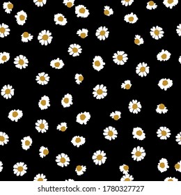 Seamless Vector cute daisies on black background Pattern. Great for Fabrics, Scrap booking, bullet journal, textiles, blankets, pillows, cover,