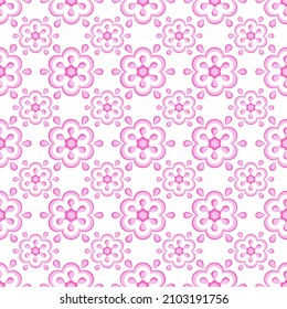 Seamless vector cute floral pattern. Pink monochrome flowers are repeating design on white background.Vector isolate flat design pattern for porcelain,fabric, clothes,wallpaper,tile,wrapping paper.