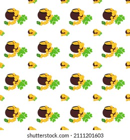 Seamless vector cute floral pattern.Yellow small coins in jar with green leaf design on white background.Vector isolate flat design pattern for porcelain, ceramic tile, ceiling, texture, wall,backdrop