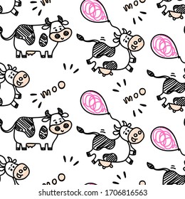 Seamless vector cute Friesian cow pattern in sketch doodle style with funny air balloons. Black and pink colors. For beef or milk packages or farm concepts, fabric textile prints or backgrounds.