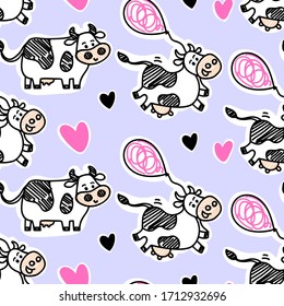 Seamless vector cute Friesian cow pattern in line doodle style with funny air balloons and hearts. For beef or fresh milk packages or farm concepts, fabric textile prints or backgrounds.