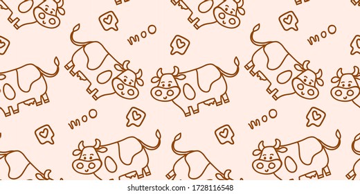 Seamless vector cute Friesian cow pattern in line doodle style with Moo lettering. Brown and pastel beige colors. For beef or fresh milk packages or farm concepts, fabric textile prints or backgrounds