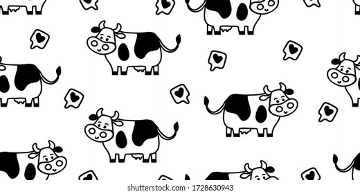 Seamless vector cute Friesian cow pattern in sketch doodle style. For beef or milk packages or farm concepts, fabric textile prints for children or backgrounds.