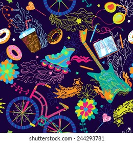 Seamless vector cute funny colorful teenage hipster lifestyle pattern . Can be used for fabrics, wallpapers,  design and decoration.