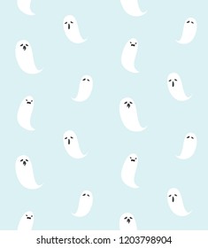 seamless vector cute hand drawn pattern for Halloween ghost set in blue background