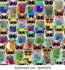 Seamless vector . Cute kittens hipsters