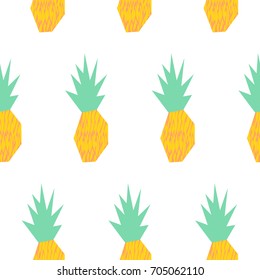 Seamless vector cute pattern. Angled paper pineapple, ananas in warm yellow and green colors on white background. Summer, holiday, tropical, exotic. Gift wrapping paper, interior, cloth or web design.