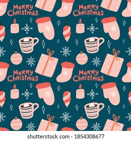 Seamless vector cute pattern with Christmas decoration. Handwritten Merry Christmas