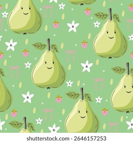 Seamless vector cute pattern with green pears, strawberries, bows, and flowers. Pastel girly background.