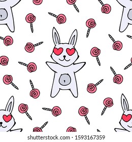 seamless vector cute pattern with loving cartoon grey rabbit and pink lollipops on white background. can be used as Valentine's day design, children's design and more.