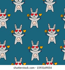 seamless vector cute pattern with a loving gray rabbit with lollipops in its paws on a blue background. can be used as Wallpaper, background, packaging paper design, textiles, notebooks and other