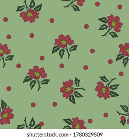 Seamless Vector Cute  red flowers with grey background Pattern. Great for Fabrics, Scrap booking, bullet journal, textiles, blankets, pillows, cover,