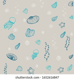 
Seamless vector cute summer pattern with the image of shells, seaweed, jellyfish, air bubbles. For the design of banners, postcards, textiles, beach accessories.