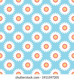 Seamless vector daisy flower pattern. Trendy floral shapes on a bright blue background. Repeat geometric design with cute flowers. Perfect for fashion, fabric, graphic design and web design.