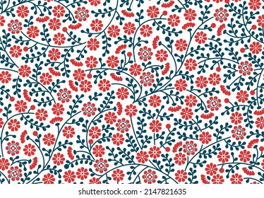 Seamless vector damask blue red retro texture. Blossom floral pattern, flower leaves branches on white background. Wrapping paper design, web page fill, fabric backdrop