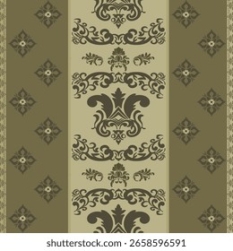 Seamless vector damask pattern featuring intricate floral and scroll motifs in olive green and beige. Ideal for luxury packaging, wallpaper, fabric prints, and elegant vintage-themed design projects