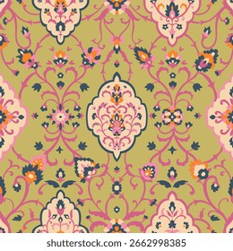 Seamless vector damask pattern with ornate pink and navy floral elements on an olive background. Perfect for fabric, interiors, and wallpaper.