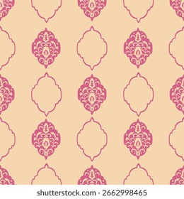 Seamless vector damask pattern in vintage style with pink ornamental motifs on a beige background. Suitable for interiors and packaging design.
