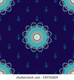 Seamless vector dark background with ethnic pattern. Round floral oriental ornament.