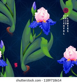 Seamless vector dark background in oriental style. Iris flowers and embroidery