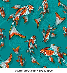 Seamless vector dark blue background with hand drawn koi fishes, pattern for textile or wrap paper