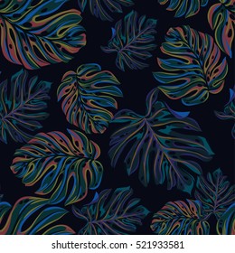 seamless vector dark leafy pattern. tropical leaves, very dark glowing pattern. serious colors for wallpaper, fashion, mens fashion, upholstery