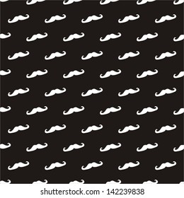 Seamless vector dark pattern, background or texture with white curly vintage retro gentleman mustaches on black background. For websites, desktop wallpaper, blog, web design.