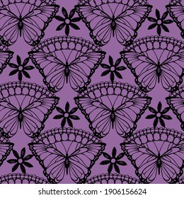 seamless vector dark purple pattern with lace patterns of butterflies and flowers
