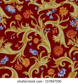 Seamless vector dark vintage floral pattern in baroque style. Swirls and roses, carnations, tulips on a claret background.