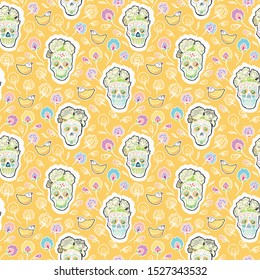 Seamless vector day of the dead floral sugar skull bird pattern with cute bird in pastel tones. Funny and happy design for kids wear, nursery, home decor.