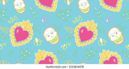 Seamless vector day of the dead folk art pattern with burning red heart and shugar scull in pastel tones. Funny and happy design for your perfect party.