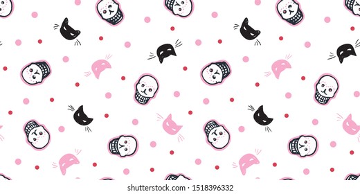 Seamless vector day of the dead folk art pattern with hand drawn shugar scull, cat head and dot. Funny and happy design for your perfect party.