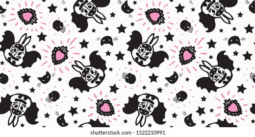 Seamless vector day of the dead folk art pattern with hand drawn bat bunny, shugar scull, cat head and star. Funny and happy design for your perfect party.