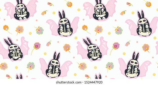 Seamless vector day of the dead folk art pattern with hand drawn kawaii bat bunny, shugar scull, cat head and star. Funny and happy design for your perfect party.