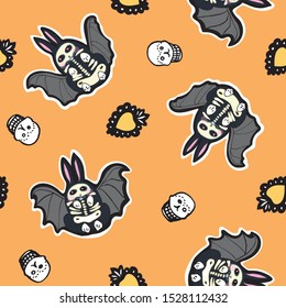 Seamless vector day of the dead folk art pattern with hand drawn bat bunny, shugar scull, burning heart. Funny and happy design for your perfect party.