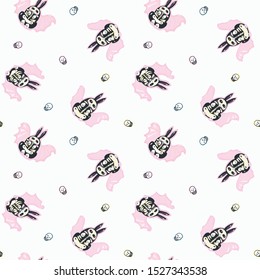 Seamless vector day of the dead kawaii pattern with hand drawn bat bunny, shugar scull. Funny and happy design for your perfect party.