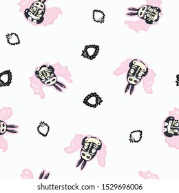 Seamless vector day of the dead kawaii pattern with hand drawn bat bunnywith burning heart. Funny and happy design for your perfect party.