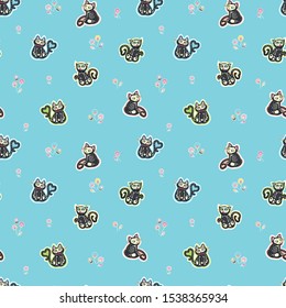 Seamless vector day of the dead sugar skull cat pattern with hand drawn bone cat and florals. Funny and happy design for your perfect party.