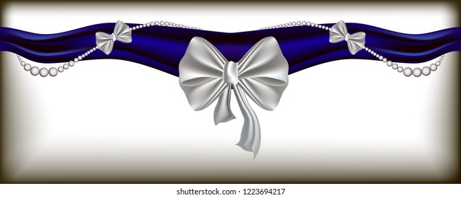 seamless vector decoration of blue realistic ribbon, beads and silver bows