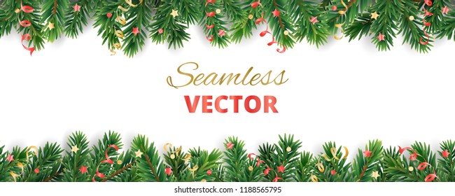 Seamless vector decoration isolated on white. Christmas illustration, winter holiday background.  Gold New Year ornament, ribbon. Christmas tree frame, garland. Border for party banner, poster, header