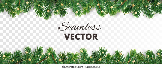 Seamless Vector Decoration Isolated On White. Christmas Illustration, Winter Holiday Background. Gold New Year Ornament, Beads. Christmas Tree Frame, Garland. Border For Party Banner, Poster, Header