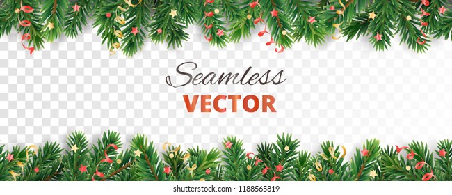 Seamless Vector Decoration Isolated On White. Christmas Illustration, Winter Holiday Background.  Gold New Year Ornament, Ribbon. Christmas Tree Frame, Garland. Border For Party Banner, Poster, Header